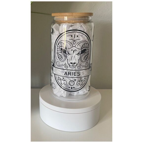 ARIES Zodiac Astrology Tarot Style Sipper Clear Constellation Glass Tumbler - Picture 1 of 3